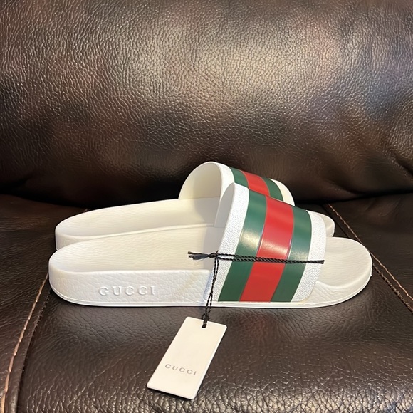 Gucci men’s GG signature web monogram logo stripe slides sandals NWB - Picture 5 of 8
